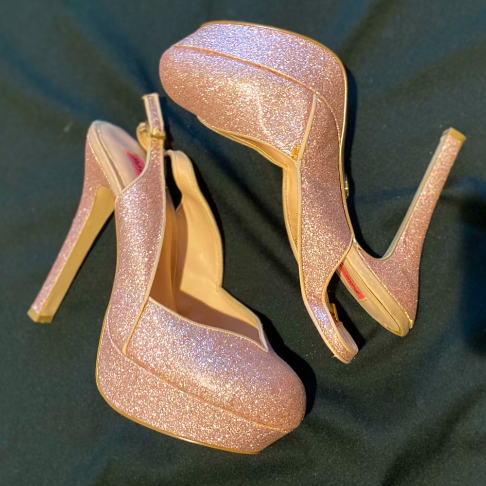 💖Betsey Johnson💖Pink Glitter💖Sling Back💖Sparkle Heels💖Platform Pinup💖VLV💖